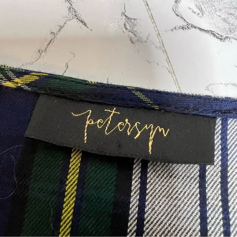 Petersyn Plaid Dexter Top Sz M navy green white puff sleeve
